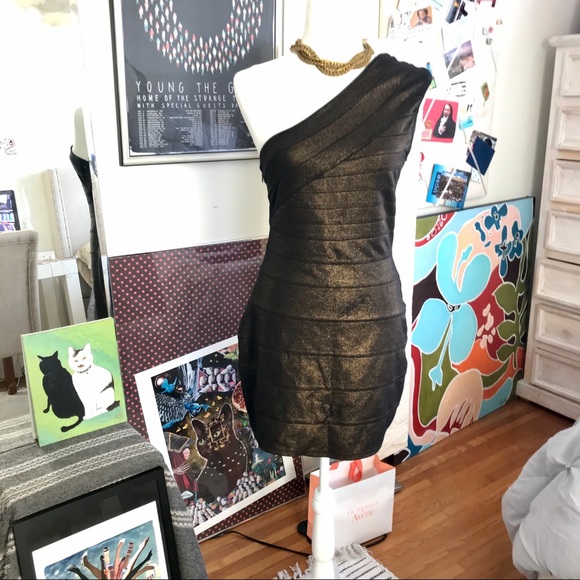 Express Dresses & Skirts - One shoulder Dress Express Small Metallic Bronze